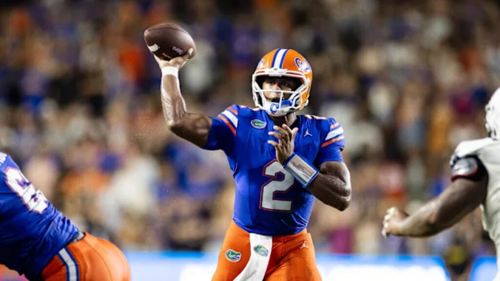 Florida Gators quarterback DJ Lagway (2) throws the ball against the Samford Bulldogs during the second half at Ben Hill Griffin Stadium. (Matt Pendleton/USA TODAY Sports)