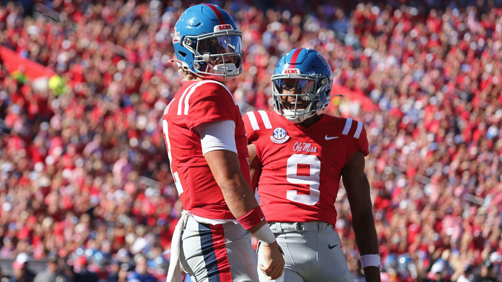 Ole Miss quarterback Jaxson Dart and receiver Tre Harris. Credit: Petre Thomas-Imagn Images