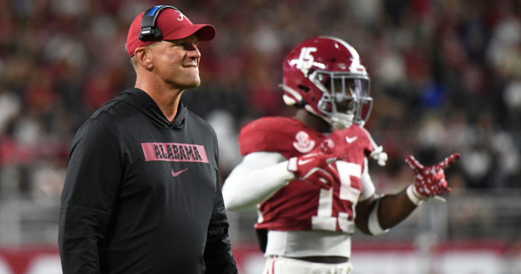 Sep 7, 2024; Tuscaloosa, Alabama, USA; Alabama Crimson Tide head coach Kalen DeBoer watches as the Tide loses a fumble near the South Florida Bulls goal line at Bryant-Denny Stadium. Alabama won 42-16. Mandatory Credit: Gary Cosby Jr.-Imagn Images