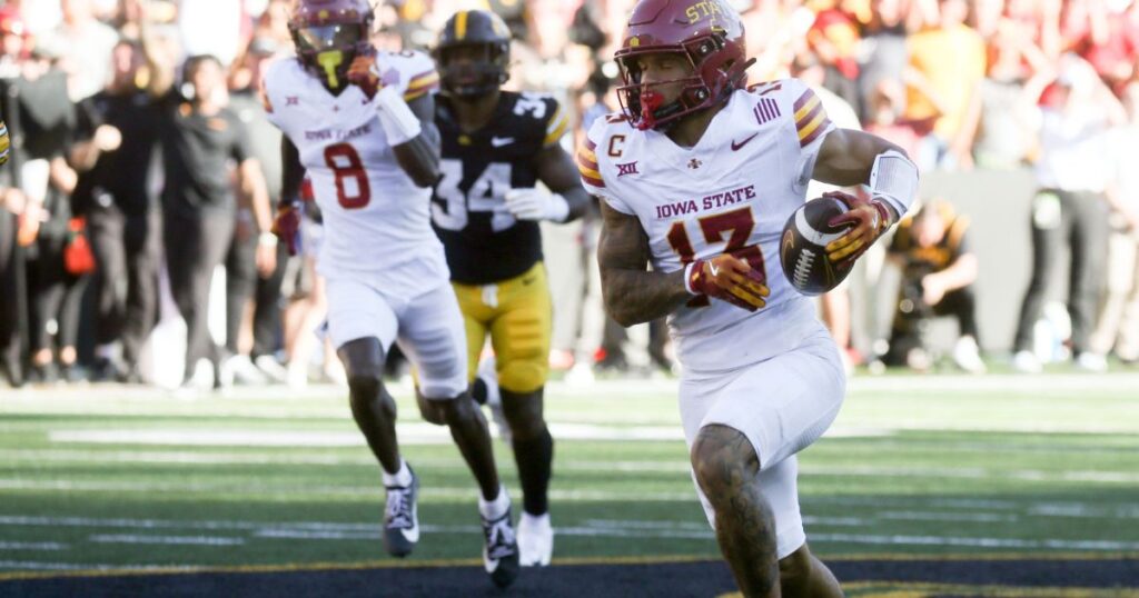 Iowa State wide receiver Jaylin Noel scores a catch-and-run touchdown against Iowa in Week 2. (Julia Hansen/Iowa City Press-Citizen / USA TODAY NETWORK)