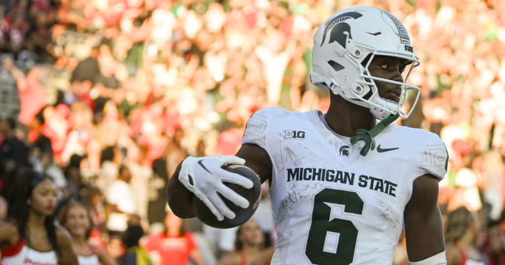 Michigan State Spartans wide receiver Nick Marsh (6) celebrates after scoring a touchdown during the second half against the Maryland Terrapins at SECU Stadium. - Tommy Gilligan, USA TODAY Sports