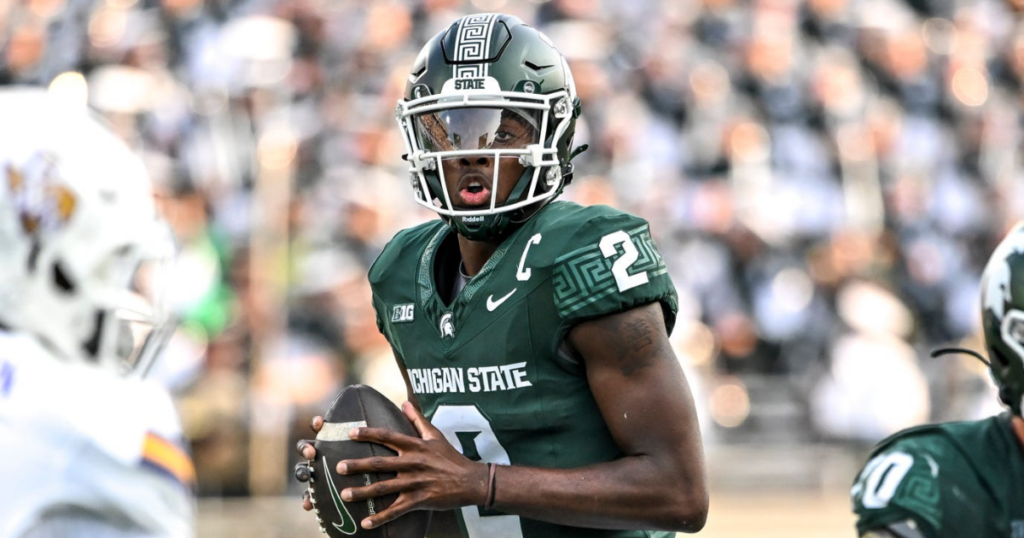 Michigan State's Aidan Chiles looks to throw against Prairie View A&M during the third quarter on Saturday, Sept. 14, 2024, at Spartan Stadium in East Lansing - Nick King, USA TODAY Sports