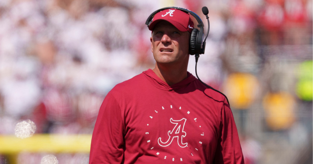 Sep 14, 2024; Madison, Wisconsin, USA; Alabama Crimson Tide head coach Kalen DeBoer looks on during the third quarter against the Wisconsin Badgers at Camp Randall Stadium. Mandatory Credit: Jeff Hanisch-Imagn Images