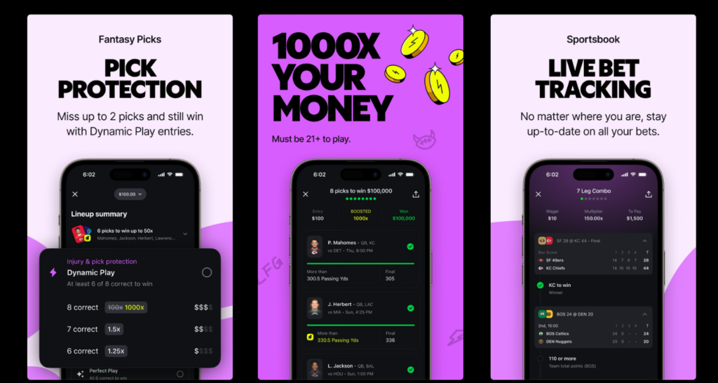 Betr Picks and Sportsbook app preview that showcases DFS pick protection, the chance to win 1000x your money, and live bet tracking on the sportsbook