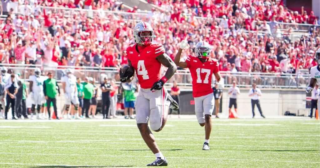 Ohio State wide receiver Jeremiah Smith caps off a 53-yard, catch-and-run touchdown against Marshall in Week 4. (Samantha Madar/Columbus Dispatch / USA TODAY NETWORK via Imagn Images)