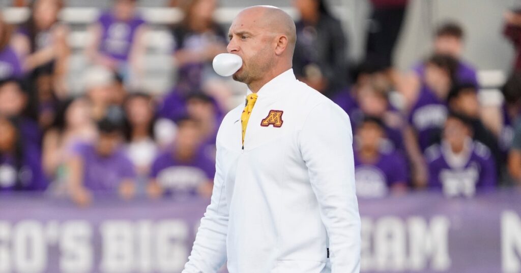 Sep 23, 2023; Evanston, Illinois, USA; Minnesota Golden Gophers head coach PJ Fleck on the field before the game against the Northwestern Wildcats at Ryan Field. Mandatory Credit: David Banks-Imagn Images