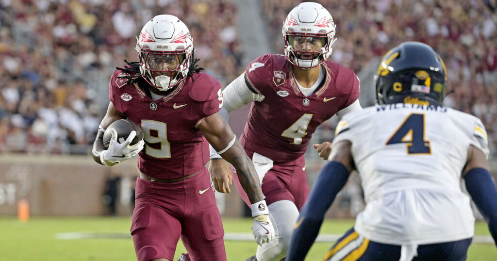 Florida State Seminoles running back Lawrance Toafili (9) runs the ball during the first half against the California Golden Bears at Doak S. Campbell Stadium. (Melina Myers-Imagn Images)