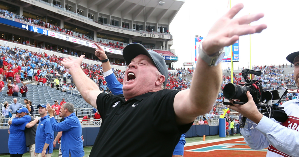 Kentucky Wildcats head coach Mark Stoops reacts after defeating the Mississippi Rebels at Vaught-Hemingway Stadium. Mandatory Credit: Petre Thomas-Imagn Images