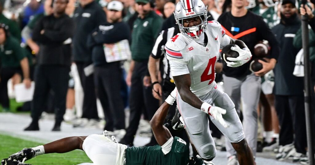 Ohio State wide receiver Jeremiah Smith stars in the first half at Michigan State in Week 5. (Dale Young-Imagn Images)