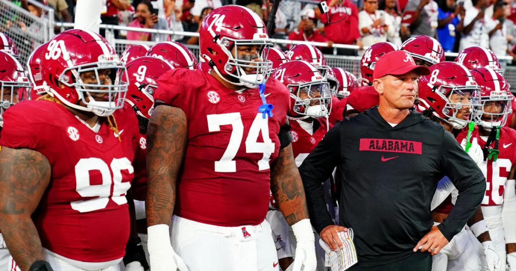 Sep 28, 2024; Tuscaloosa, Alabama, USA; Alabama Crimson Tide head coach Kalen DeBoer leads his team onto the field before the game against the Georgia Bulldogs at Bryant-Denny Stadium. Mandatory Credit: John David Mercer-Imagn Images