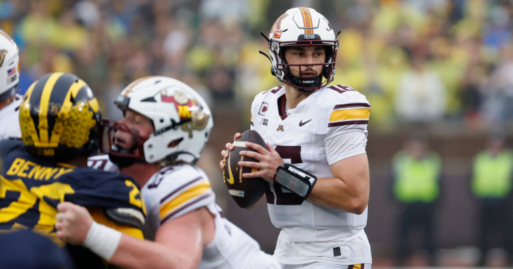 Minnesota Golden Gophers quarterback Max Brosmer (16) drops back to pass in the second half against the Michigan Wolverines at Michigan Stadium