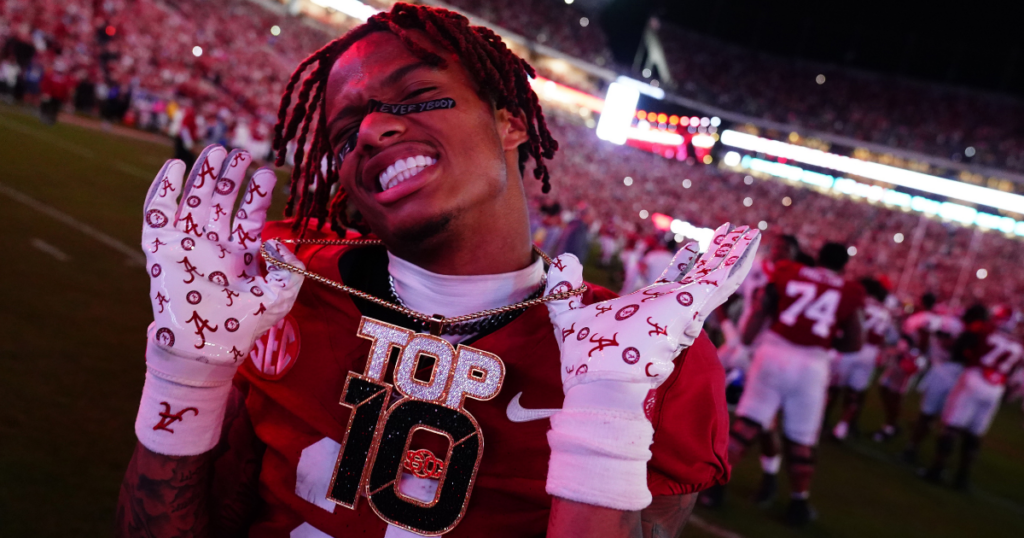 Sep 28, 2024; Tuscaloosa, Alabama, USA; Alabama Crimson Tide wide receiver Ryan Williams (2) celebrates after defeating the Georgia Bulldogs at Bryant-Denny Stadium. Mandatory Credit: John David Mercer-Imagn Images