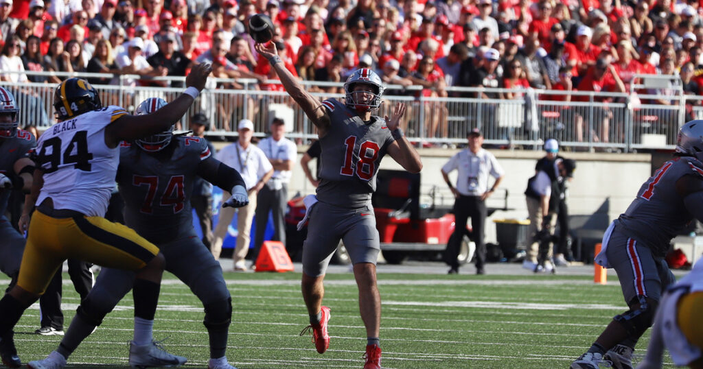 Ohio State quarterback Will Howard attempts a pass during a 35-7 win over Iowa in Week 6. (Matt Parker/Lettermen Row)