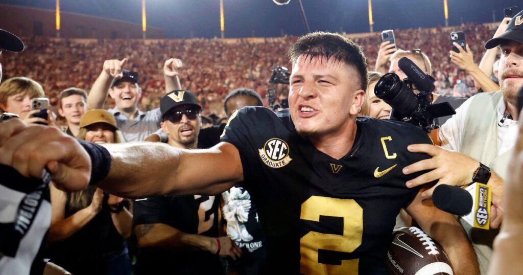 Vanderbilt quarterback Diego Pavia celebrates a 40-35 win over Alabama. (Butch Dill-Imagn Images)