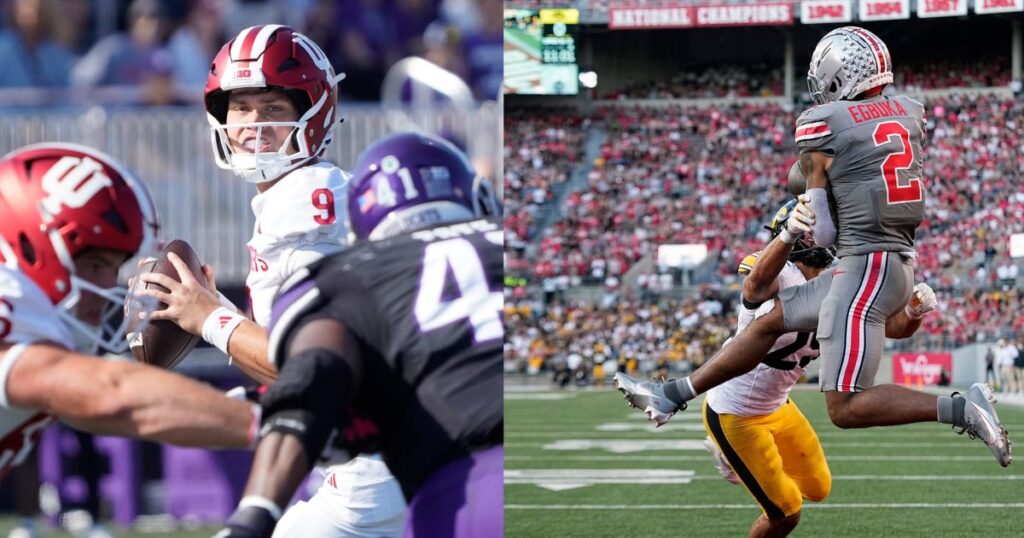 Indiana quarterback Kurtis Rourke (left) and Ohio State wide receiver Emeka Egbuka (right) starred for their respective teams in Week 6. (David Banks-Imagn Images and Kyle Robertson/Columbus Dispatch / USA TODAY NETWORK via Imagn Images)