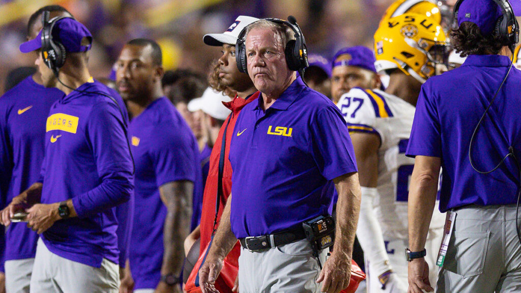 LSU head coach Brian Kelly. Mandatory photo credit: Stephen Lew-Imagn Images