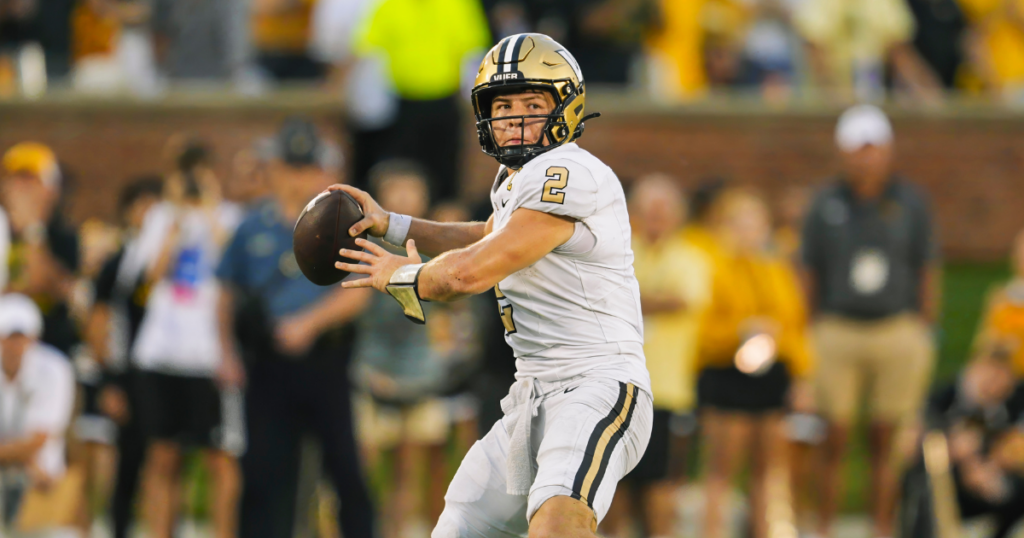 Sep 21, 2024; Columbia, Missouri, USA; Vanderbilt Commodores quarterback Diego Pavia (2) throws a pass during the second half against the Missouri Tigers at Faurot Field at Memorial Stadium. Mandatory Credit: Jay Biggerstaff-Imagn Images
