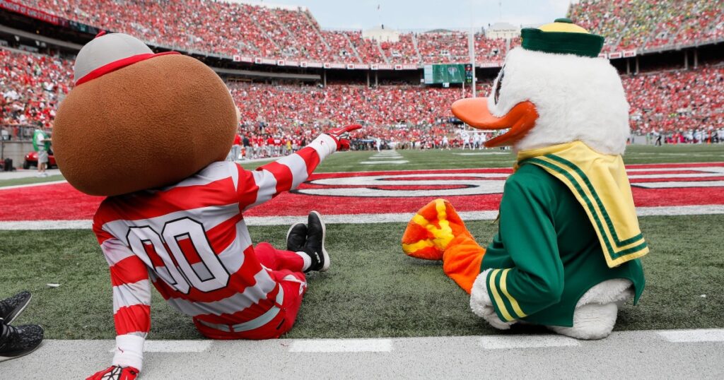 Brutus, Ohio State. Puddles Duck, Oregon