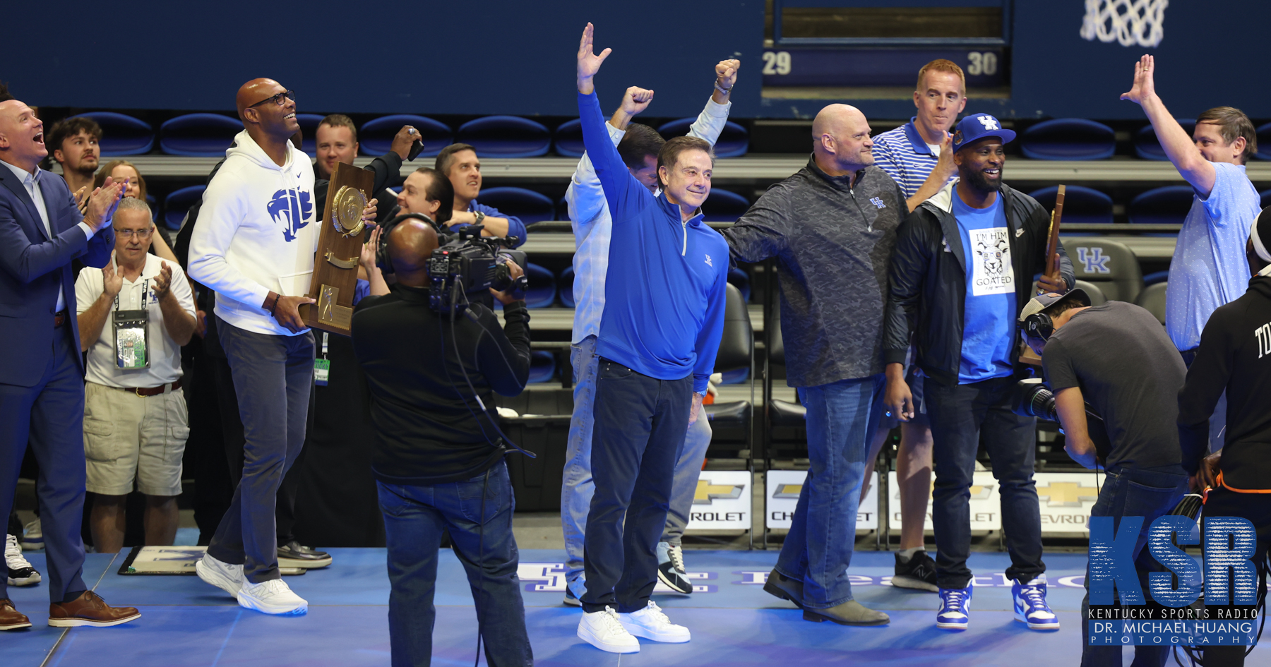 Rick Pitino gestures to the crowd at Mark Pope's first Big Blue Madness as Kentucky's coach - Dr. Michael Huang, Kentucky Sports Radio