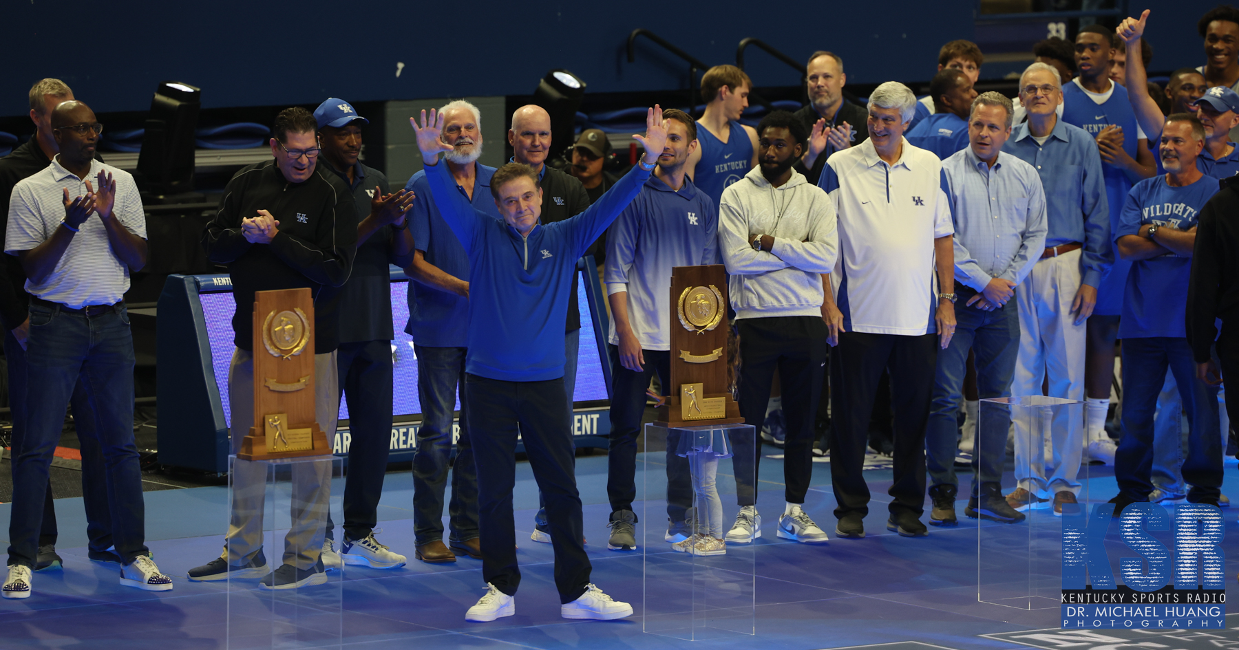 Rick Pitino gestures to the crowd at Mark Pope's first Big Blue Madness as Kentucky's coach - Dr. Michael Huang, Kentucky Sports Radio