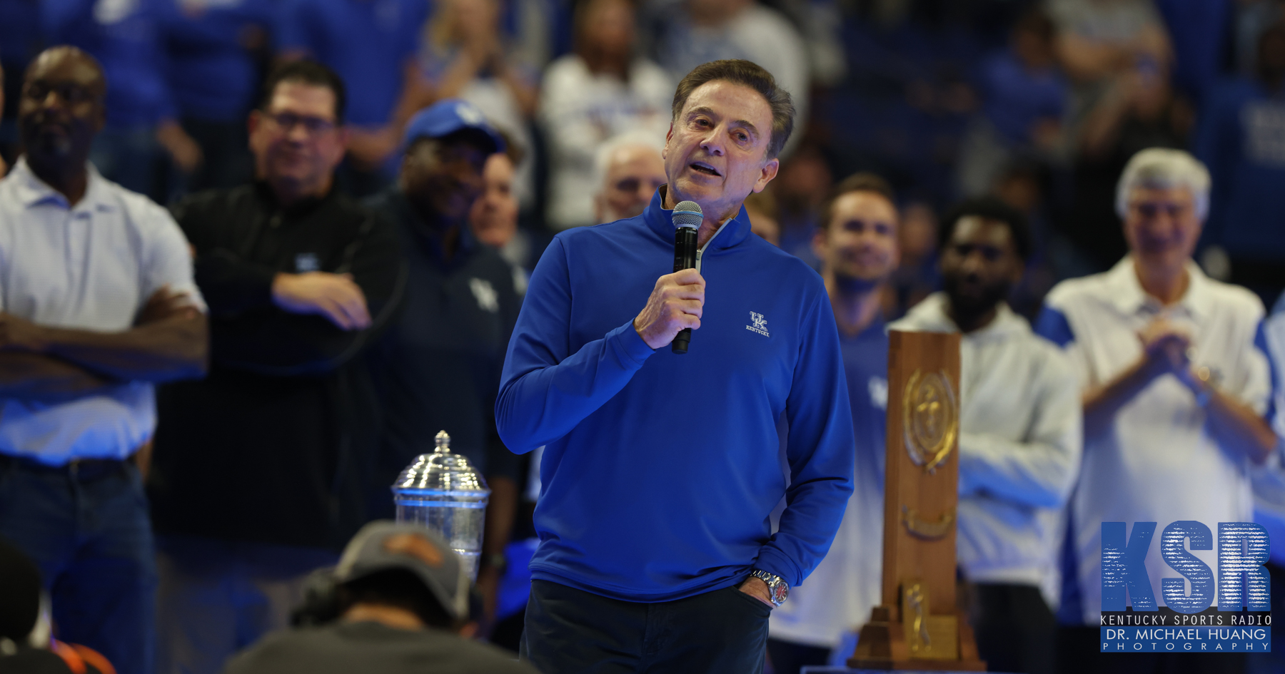 Rick Pitino addresses the crowd at Rupp Arena at Mark Pope's first Big Blue Madness as Kentucky's head coach - Dr. Michael Huang, Kentucky Sports Radio