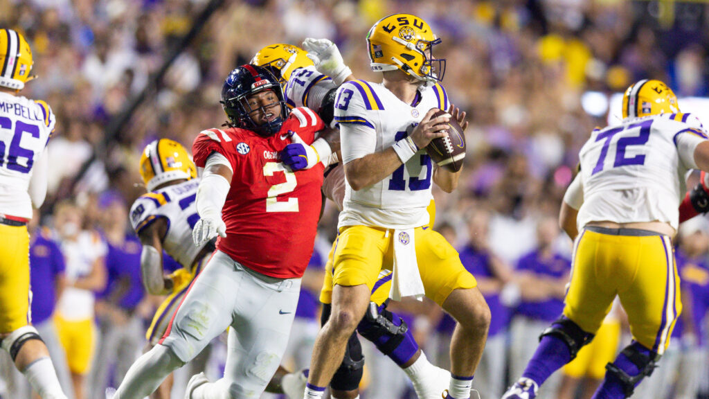 Ole Miss defensive lineman Walter Nolen and LSU quarterback Garrett Nussmeier. Mandatory Credit: Stephen Lew-Imagn Images