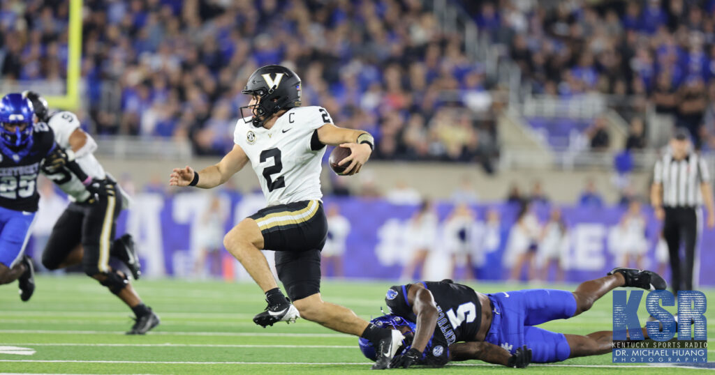 Vanderbilt quarterback Diego Pavia evades pressure from Kentucky defender - Dr. Michael Huang, Kentucky Sports Radio