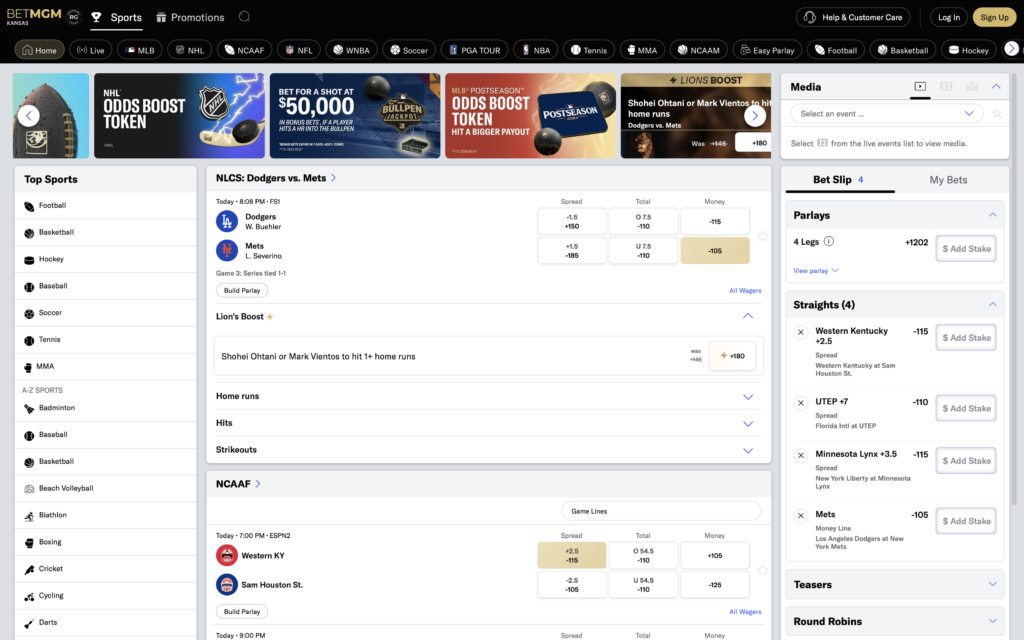 Screenshot of the BetMGM Sportsbook website in Kansas.