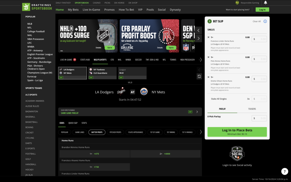 Screenshot of the DraftKings Sportsbook desktop website.