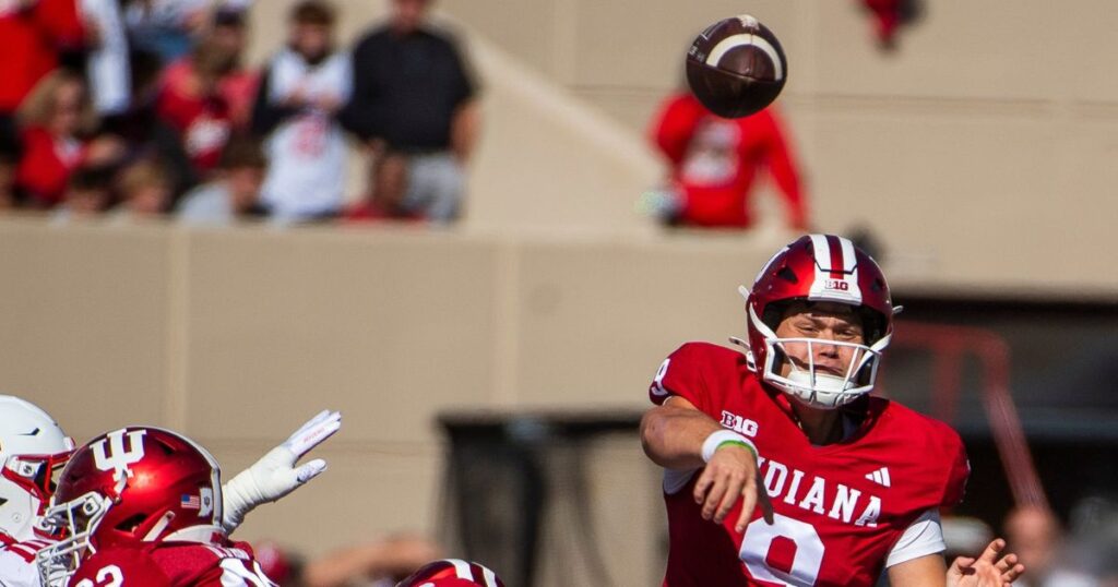 Indiana quarterback Kurtis Rourke attempts a pass against Nebraska in Week 8. (Rich Janzaruk/Herald-Times / USA TODAY NETWORK via Imagn Images)