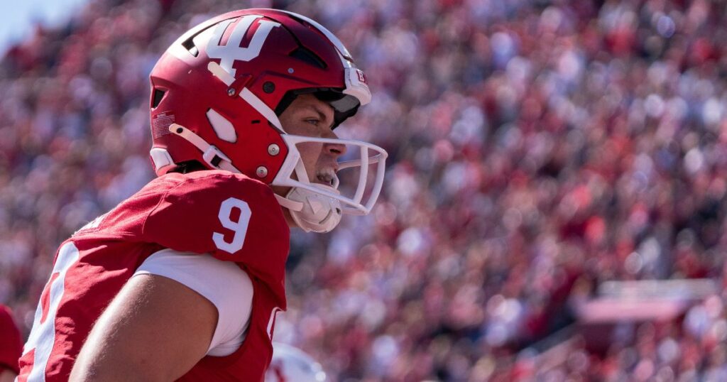 Indiana quarterback Kurtis Rourke celebrates a touchdown pass against Nebraska in Week 8. (Jacob Musselman-Imagn Images)