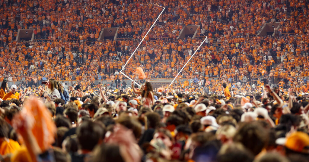 Tennessee fans celebrate beating Alabama. Credit: Randy Sartin-Imagn Images