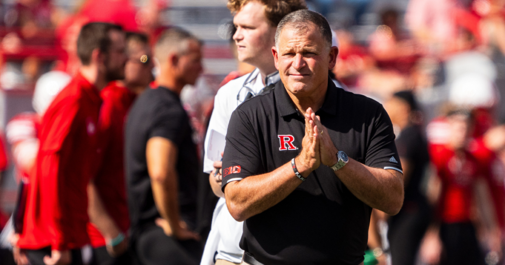 Rutgers Scarlet Knights head coach Greg Schiano looks on during warmups before a game against the Nebraska Cornhuskers at Memorial Stadium