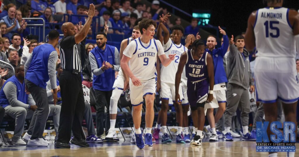 Trent Noah hits a 3-pointer in Kentucky's exhibition win against KWC - Photo via Dr. Michael Huang