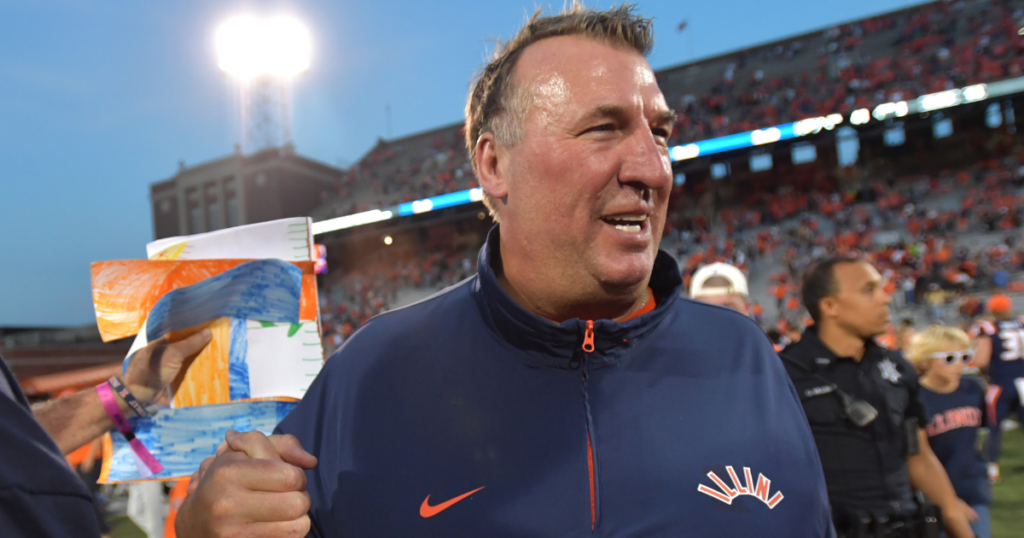 Oct 12, 2024; Champaign, Illinois, USA; Illinois Fighting Illini head coach Bret Bielema celebrates a 50-49 win over the Purdue Boilermakers at Memorial Stadium. Mandatory Credit: Ron Johnson-Imagn Images