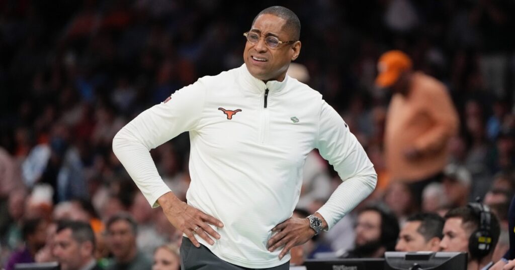 (Bob Donnan-USA TODAY Sports ) Mar 21, 2024; Charlotte, NC, USA; Texas Longhorns head coach Rodney Terry reacts to the first round of the 2024 NCAA Tournament against the Colorado State Rams at Spectrum Center.