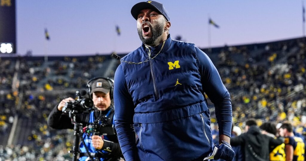 Michigan head coach Sherrone Moore cheers up fans before the Michigan State game at Michigan Stadium in Ann Arbor on Saturday, Oct. 26, 2024. (Junfu Han/Detroit Free Press)