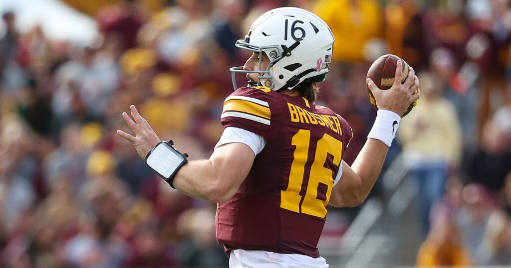 Minnesota quarterback Max Brosmer attempts a pass during a 48-23 win over Maryland in Week 9. (Matt Krohn-Imagn Images)