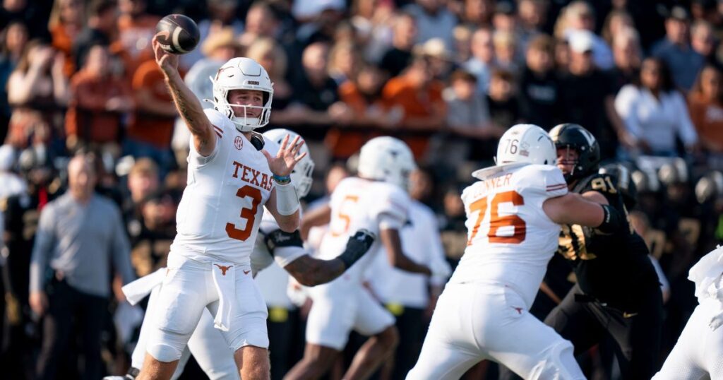 Texas quarterback Quinn Ewers attempts a pass during a 27-24 win over Vanderbilt in Week 9. (Denny Simmons / USA TODAY NETWORK via Imagn Images)