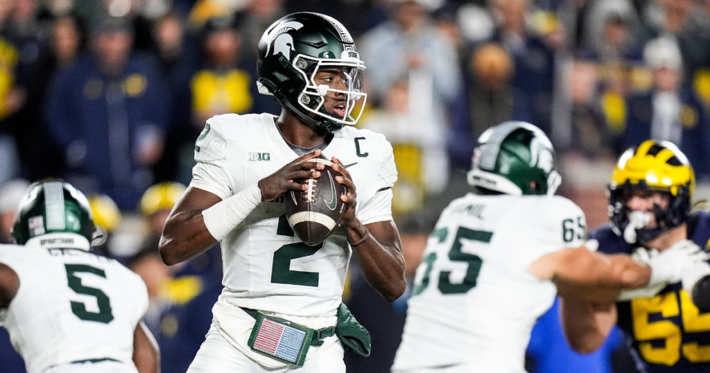 Michigan State quarterback Aidan Chiles (2) looks before making a pass against Michigan during the first half at Michigan Stadium in Ann Arbor on Saturday, Oct. 26, 2024 - Junfu Han, USA TODAY Sports