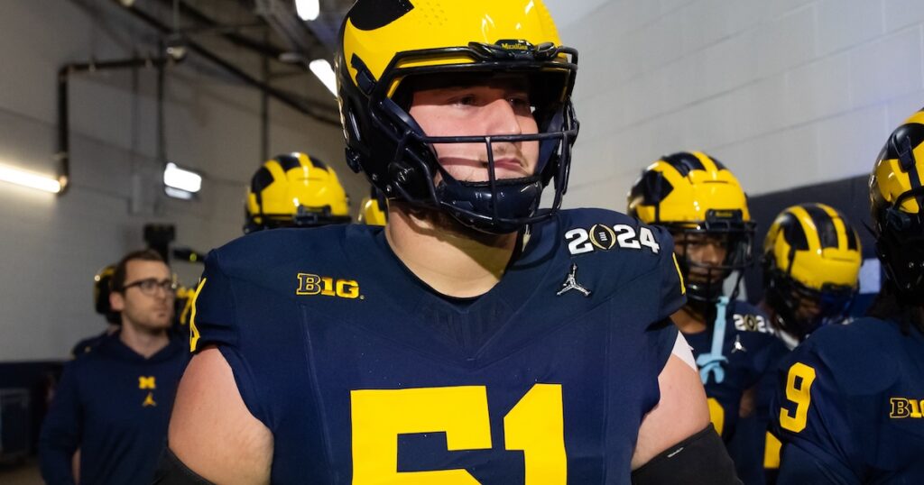 Jan 8, 2024; Houston, TX, USA; Michigan Wolverines offensive lineman Greg Crippen (51) against the Washington Huskies during the 2024 College Football Playoff national championship game at NRG Stadium. Mandatory Credit: Mark J. Rebilas-USA TODAY Sports