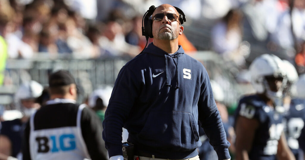 Penn State Nittany Lions head coach James Franklin looks up at the scoreboard during the second quarter against the Ohio State Buckeyes at Beaver Stadium. (Mandatory Credit: Matthew O'Haren-Imagn Images)