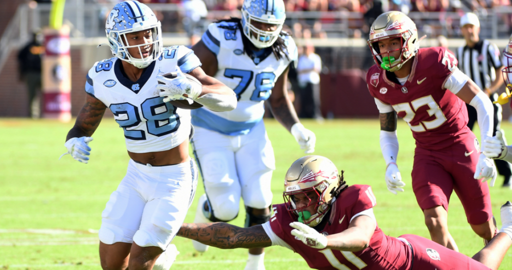 North Carolina RB Omarion Hampton breaks off another big run against Florida State on Saturday. (Robert Myers/Imagn Images)