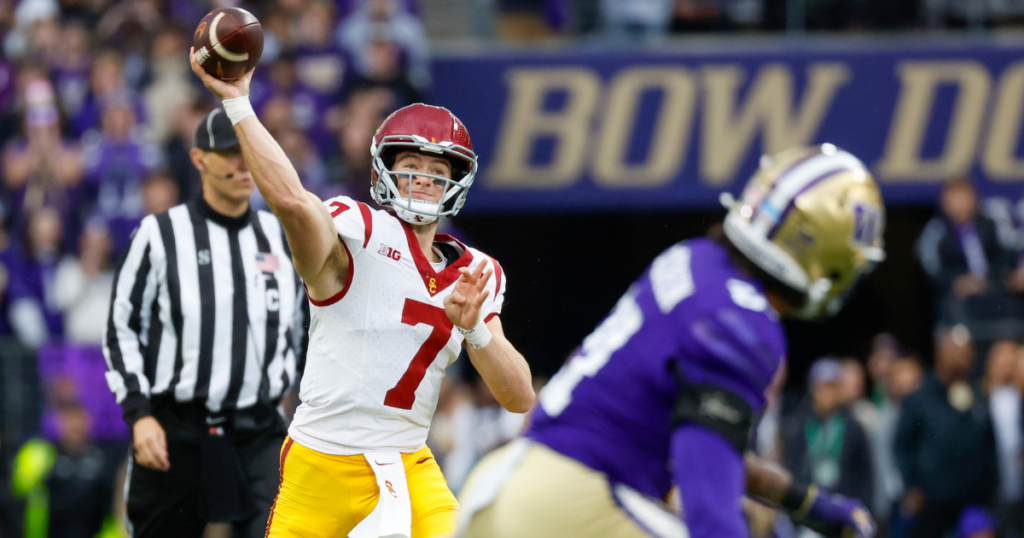 USC Trojans quarterback Miller Moss (7) passes against the Washington Huskies during the first quarter at Alaska Airlines Field at Husky Stadium