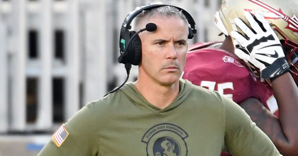 FSU head coach Mike Norvell looks on during a 35-11 loss to North Carolina in Week 10. (Robert Myers-Imagn Images)