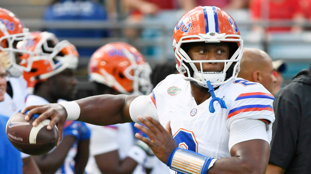 Nov 2, 2024; Jacksonville, Florida, USA; Florida Gators quarterback DJ Lagway (2) warms up before a game against the Georgia Bulldogs at EverBank Stadium. (Melina Myers-Imagn Images)