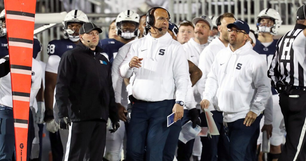 Penn State Nittany Lions head coach James Franklin looks on from the sideline during the third quarter against the Washington Huskies at Beaver Stadium. Penn State won 35-6. Mandatory Credit: Matthew O'Haren-Imagn Images