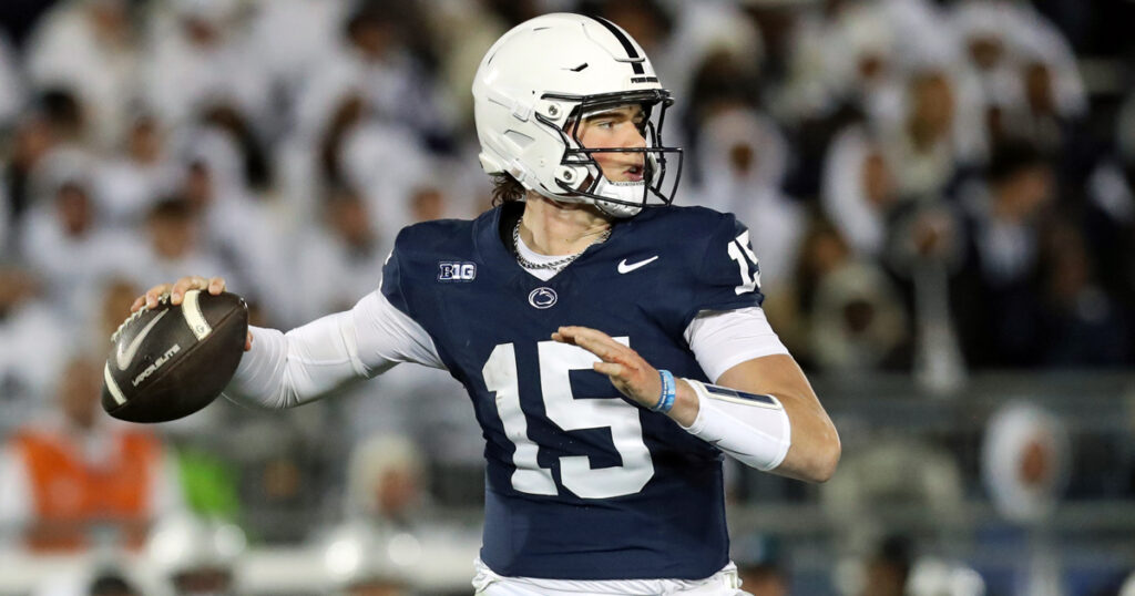 Penn State Nittany Lions quarterback Drew Allar (15) throws a pass against the Washington Huskies during the fourth quarter at Beaver Stadium. Penn State won 35-6. (Mandatory Credit: Matthew O'Haren-Imagn Images)