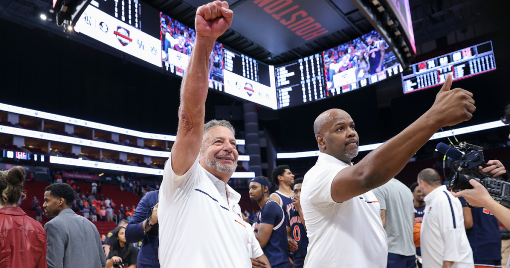 Auburn HC Bruce Pearl celebrates a win over Houston Troy Taormina-Imagn Images