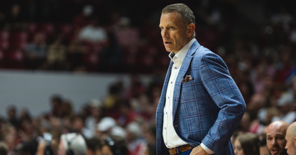 Nov 8, 2024; Tuscaloosa, Alabama, USA; Alabama Crimson Tide head coach Nate Oats watches during the first half against the Arkansas State Red Wolves at Coleman Coliseum. Mandatory Credit: Will McLelland-Imagn Images